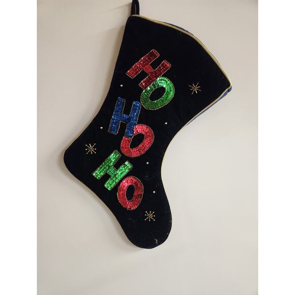 SANTA’S BEST NAVY BLUE VELVET SEQUIN HO HO HO CHRISTMAS STOCKING 14.5" T - Picture 1 of 3